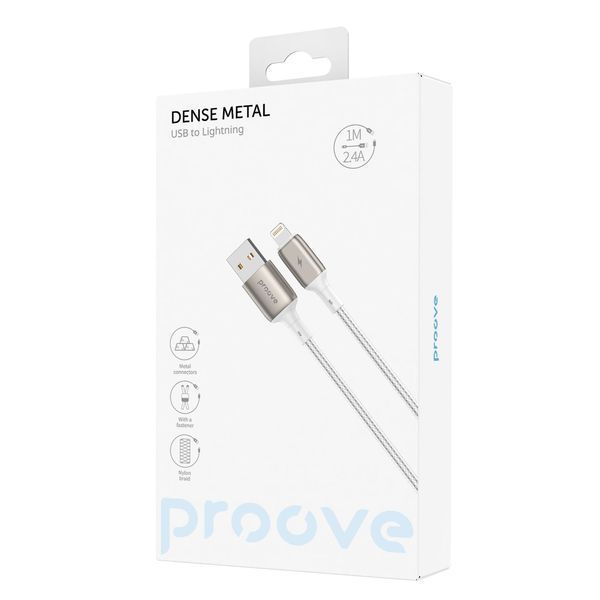 Кабел Proove Dense Metal USB to Lightning 2.4A (1m), White