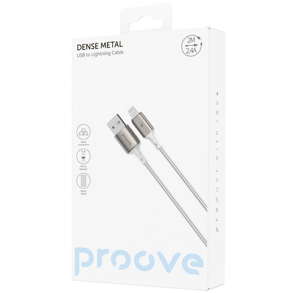 Кабел Proove Dense Metal USB to Lightning 2.4A (2m), White