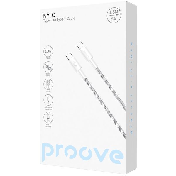 Кабел Proove Nylo Type-C to Type-C 100W (1.5m), White