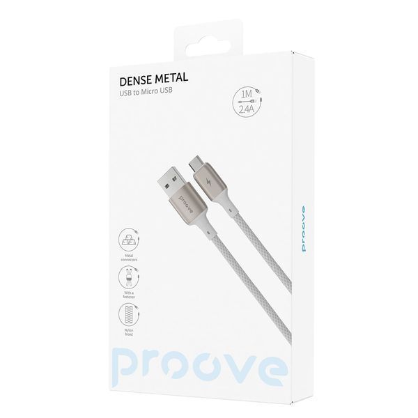 Кабел Proove Dense Metal USB to Micro USB 2.4A (1m), White