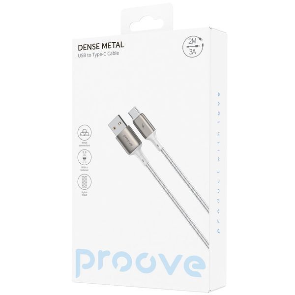 Кабел Proove Dense Metal USB to Type-C 2.4A (2m), White