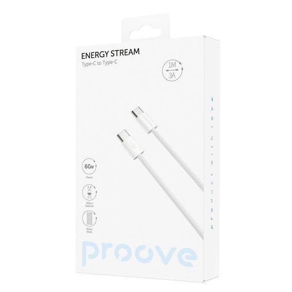 Кабел Proove Energy Stream Type-C to Type-C 60W (1m), White