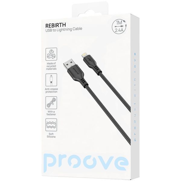Кабел Proove Rebirth USB to Lightning 2.4A (1m), Black