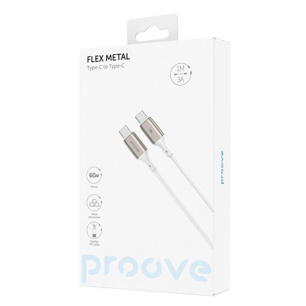 Кабел Proove Flex Metal Type-C to Type-C 60w (1m), White