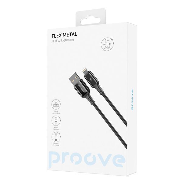 Кабел Proove Flex Metal USB to Lightning 2.4A (1m), Black