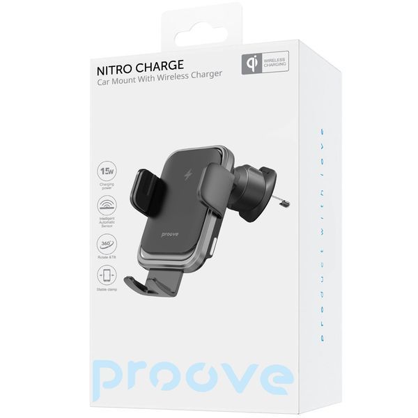 Стойка с безжично зареждане Proove Car Mount With Wireless Charger Nitro Charge 15W, Dark Gray