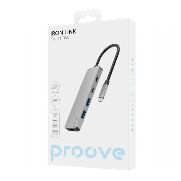 Преходник Proove Type-C-HUB Iron Link 5 in 1 (2*Type-C + 2*USB3.0 + HDMI), Silver