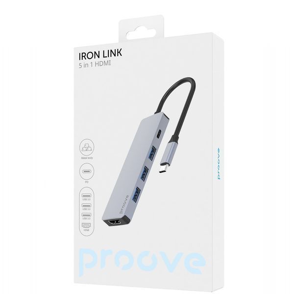 Преходник Proove Type-C-HUB Iron Link 5 in 1 (3*USB3.0 + Type-C + HDMI), Silver