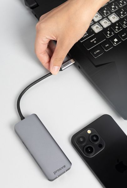 Преходник Proove Type-C-HUB Iron Link 6 in 1 (2*USB3.0 + SD/TF + RJ45 + HDMI), Silver