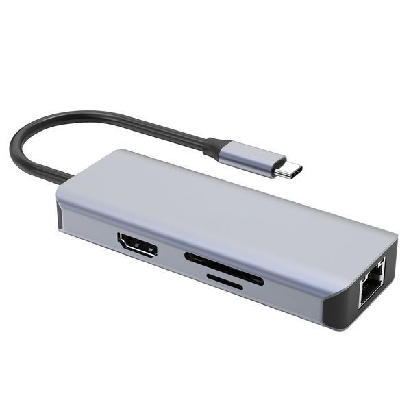 Преходник Proove Type-C-HUB Iron Link 6 in 1 (2*USB3.0 + SD/TF + RJ45 + HDMI), Silver
