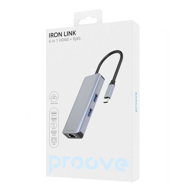 Преходник Proove Type-C-HUB Iron Link 6 in 1 (2*USB3.0 + SD/TF + RJ45 + HDMI), Silver