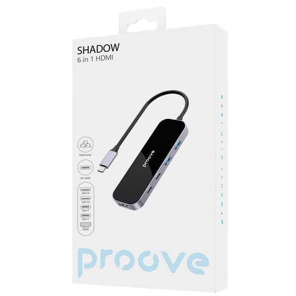 Преходник Proove Type-C-HUB Shadow (2*USB3.0 + Type-C + PD100W + HDMI), Dark Gray