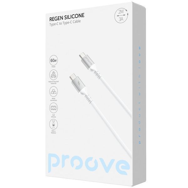 Кабел Proove ReGen Silicone Type-C to Type-C 60W (2m), White