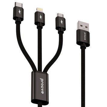 Кабел Proove Triple Connection 3 in 1 Type-C + Micro USB + Lightning (1.3m), Black