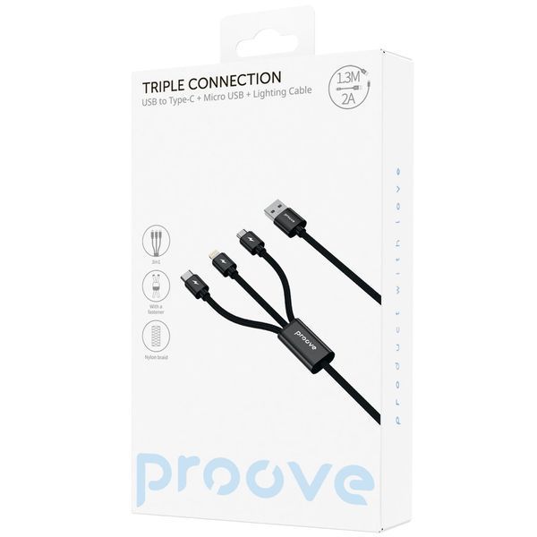 Кабел Proove Triple Connection 3 in 1 Type-C + Micro USB + Lightning (1.3m), Black