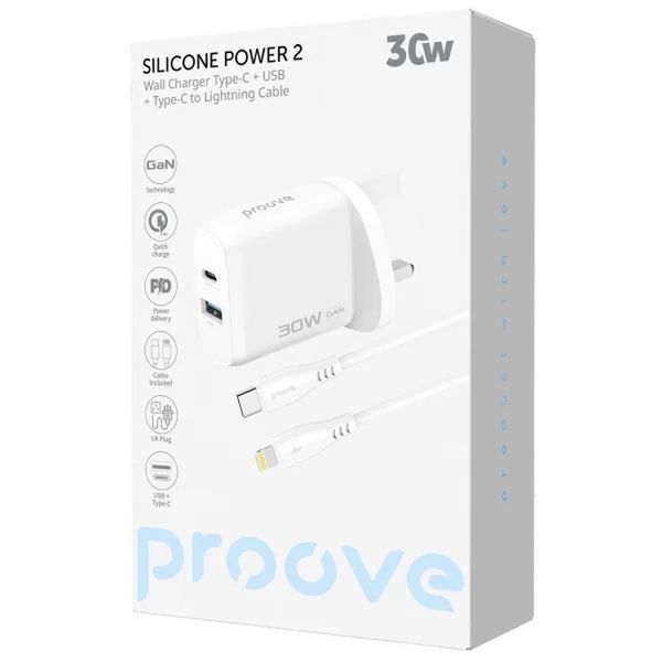 Адаптер с кабел Proove Silicone Power 2 30W (Type-C + USB) + Cable Type-C to Lightning 27W (1m) UK, White