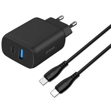 Адаптер с кабел Proove Silicone Power 2 30W (Type-C + USB) + Cable Type-C to Type-C 60W (1m), Black