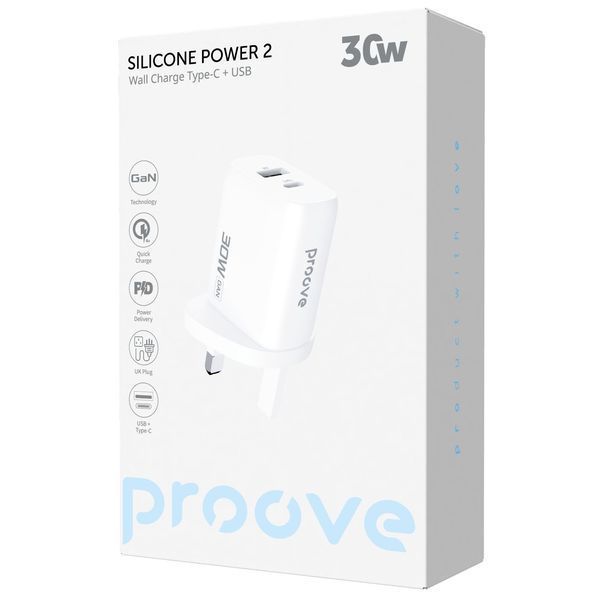 Адаптер Proove Silicone Power 2 30W (Type-C + USB) UK, White